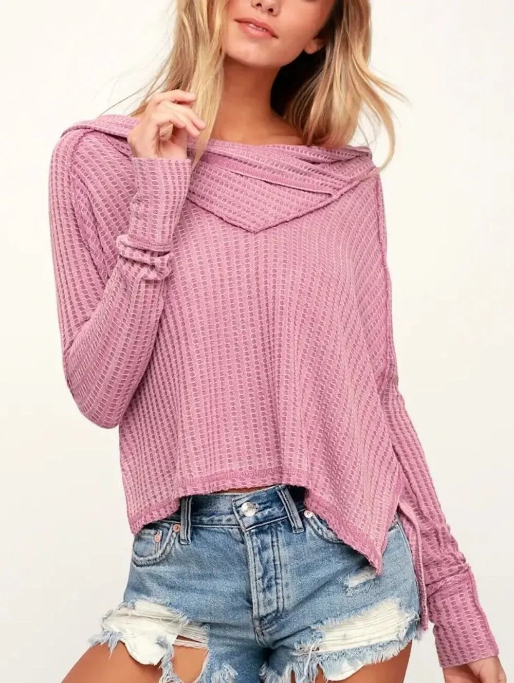 Free People Wildcat Washed Mauve Pink Boho Thermal Long Sleeve Top Size Large